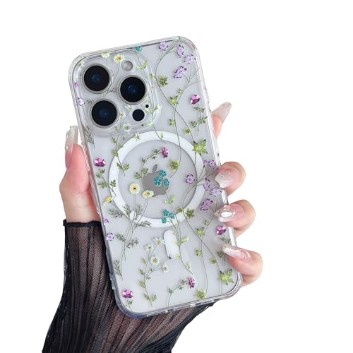 RALEAVO Coque pour iPhone 16 Pro Max, [Compatible avec Magsafe] Magnétique Protection Antichoc Coque avec Motif Floral, Silicone Clair Anti-Jaune Coque pour iPhone 16 Pro Max-Fleur