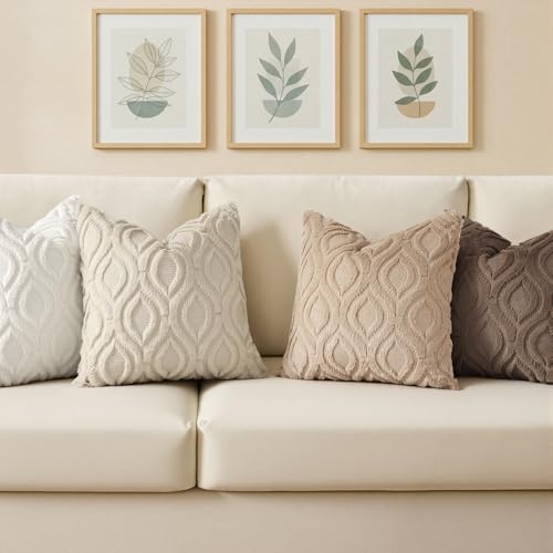 Image of decorUhome Fall Throw Pillow Covers 18x18 Inch Set of 2, Soft Plush Faux Wool Light Brown Solid Couch Pillow Covers, Accent Farmhouse Neutral Square Pillow Cases for Sofa Bed Living Room
