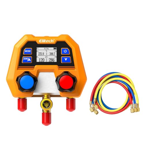 Elitech Digital Refrigerant Manifold Gauge Set with Hose, 88+ Refrigerant Types Pressure/Temp Measurement, IP54 Rated for Automotive AC HVAC Systems, DMG-2SE Plus
