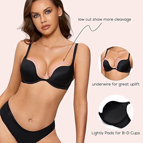 Image of DOBREVA Women's Plunge Bra Deep V Sexy Underwire Low Cut Bras T Shirt Cleavage Lightly Padded