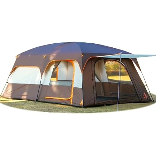 KTT Extra Large Tent 8-10-12-14 Person(A),Family Cabin Tents,2 Rooms,3 Doors and 3 Windows with Mesh,Straight Wall,Waterproof,Double Layer,Big Tent for Outdoor,Picnic,Camping,Family Gathering