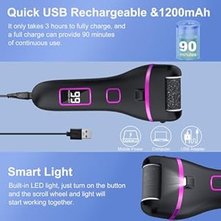 Wolady Pedicure Elettrico Professionale,Set Calli Rimozione Ricaricabile,con 3 Rulli di Ricambio,Illuminazione, kit pedicure,Illuminazione, pedicure elettrico professionale piedi (nero)