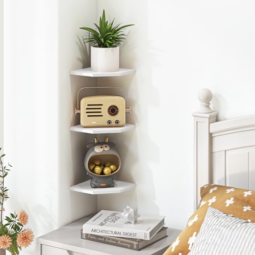 Image of Fun Memories Corner Shelf Wall Mount, Floating Corner Shelves, Set of 6 Corner Wall Shelf Organizer, Rustic Wood Wall Storage Display Shelves for Living Room Bedroom Bathroom Kitchen, Rustic White