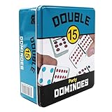 Front Porch Classics, Double 15 Color Dot Dominoes Set On-The-Go Travel Storage Tin, 2 to 12 Players Ages 8 to 99