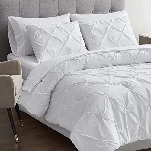 Maple&Stone Queen Comforter Set 7 Pieces Pinch Pleat Bed in A Bag, Grey Pintuck with Comforter Sheets Pillowcases & Shams, Bedding Comforter Sets for Queen Size Bed 88x88 inches