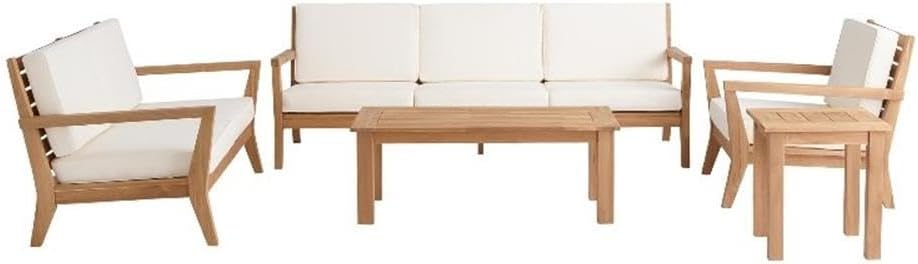 Pemberly Row 5-Piece Teak Outdoor Sofa Set, Natural Finish, Includes Loveseat, 2 Chairs, Coffee Table, Side Table, White All-Weather Cushions, Coastal Style Patio Furniture for Backyard Lounge Use