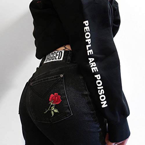 Yemocile Women's Black Rose Pattern People Are Poison Letter Print Black Hoodie Sweatshirt #TOP1