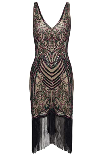 Babeyond Flapper Dresses 1920S V Neck Beaded Fringed Great Gatsby Dress (Black Apricot, M) #TOP5