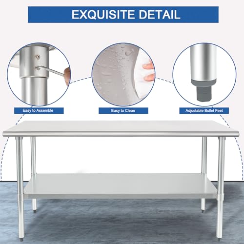 Image of HARDURA Stainless Steel Table 30X72 Inches with Undershelf and Galvanized Legs NSF Heavy Duty Commercial Metel Table for Food Prep