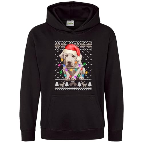 Image of Purple Print House Christmas Labrador Kids Hoodie Boys Girls Festive Pattern Hooded Sweatshirt Labs, 3-4 Years, Black