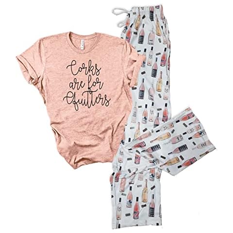 The Paisley Box Wine Pajama Set - Pajamas for Women Set, Wine Pajama Pants (PJ Pants + Corks are for Quitters T-Shirt, size medium) Cover