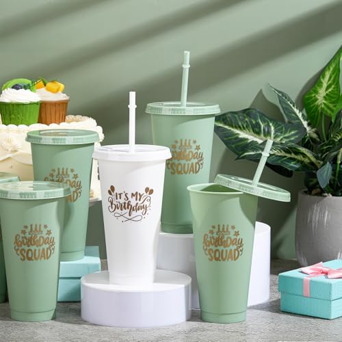 Jingmore Birthday Squad Cups 24 oz Party Tumblers Plastic Tumblers with Lid and Straw for 20th 30th 40th 50th 60th Birthday Decorations Favor for Women Girls Adults(White, Sage Green,6 Pcs) by Jingmore - Used condition - Image 4