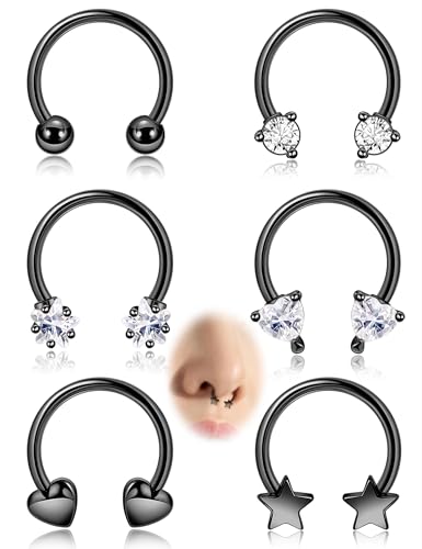 LOAYHOAY 6Pcs 16G Surgical Steel Septum Rings for Women Men Horseshoe Septum Nose Rings CZ Cartilage Helix Earrings Hoop Star Heart Septum Piercing Jewelry 10mm B -  N16-BX