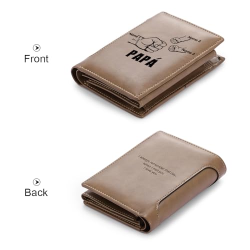 Custom Leather Wallets for Dad - Personalized Mens Fist Leather Wallet Custom Name & Text Wallet for Papa Father's Day Gifts Slim Bifold Wallet for Daddy Husband (3 NAMES)4