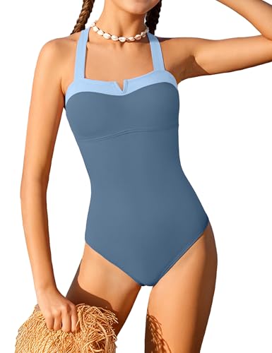 Image of Shallmu Girls One Piece Swimsuits Color Block Dual Crossback Straps with Cover Up Skirt Girl's Swimwear 9-16Y