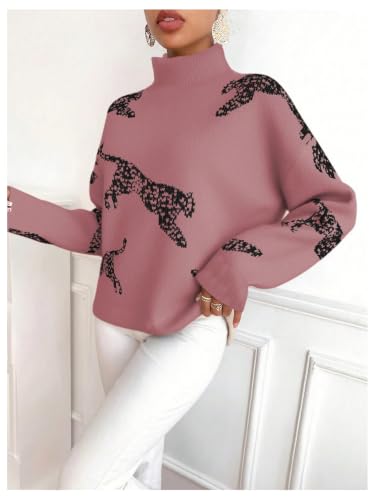 Image of WDIRARA Women's Leopard Tiger Print Sweater High Neck Long Sleeve Fuzzy Knitted Pullover Top