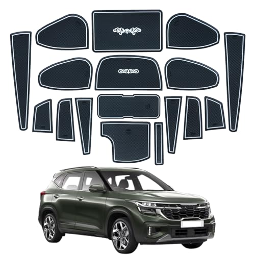 Image of Car Drome | Door Cup Bottle Mat Set for Kia Seltos Facelift 2023 to 2025 | Premium Non Slip Soft Rubber Inserts | Custom Fit 17 Pieces | White Trim Interior Car Accessories | Dustproof Washable