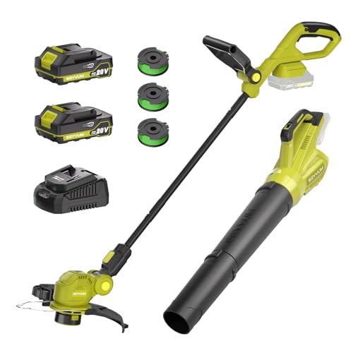 SEYVUM 20V String Trimmer and Leaf Blower Combo Kit, 12-inch Cordless Weed Trimmer with 3 Pcs Grass Cutter Spool Line, 500 CFM Electric Leaf Blower for Lawn Care with 2 X 2.0Ah Battery and Charger