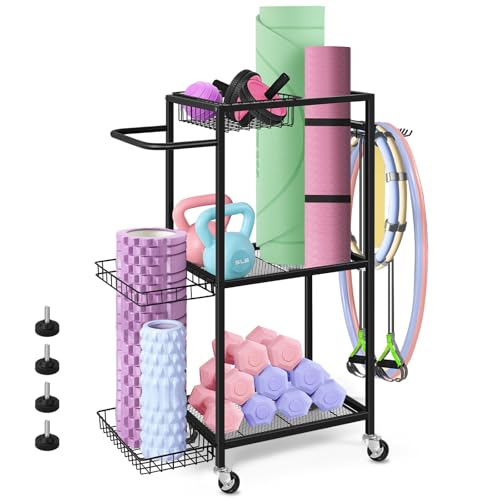 Soporte para equipo deportivo y yoga, 3 niveles de almacenamiento, ruedas y 8 ganchos, para hogar y fitness