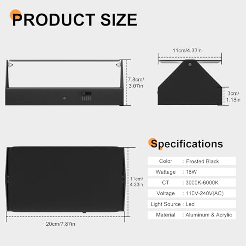 Aoceley 18W 5CCT Dimmable Led Wall Sconces Aluminum,Indoor,2-Pack,Black by Aoceley - Used condition - Image 3