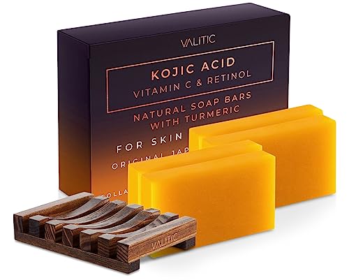 VALITIC Kojic Acid Vitamin C and Retinol Soap Bars with Turmeric for Dark Spot - Original Japanese Complex Infused with Collagen, Hyaluronic Acid, and Vitamin E (2 Pack)