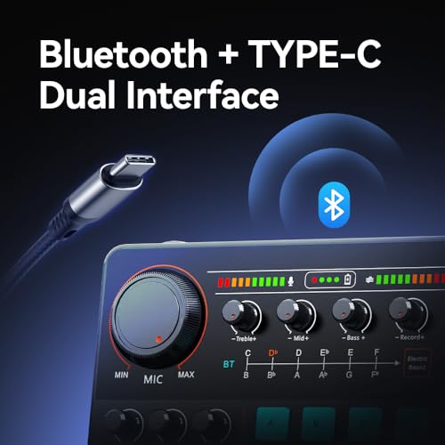 EASEMELO Live Streaming Sound Card, Professional Audio Mixer with 48V Phantom Power, Bluetooth, Noise Reduction, 1800mAh Battery, 9 Interfaces for Live Broadcast, Karaoke, Podcast