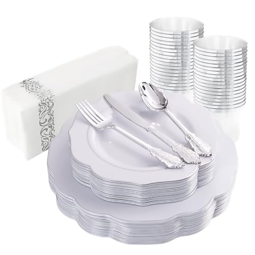 NOCCUR 175pcs Silver Plastic Plates - Silver Rim Plastic Tableware Include 25 Dinner/Dessert Plates, 25 Forks, 25 Knives, 25 Spoons for Wedding/Party