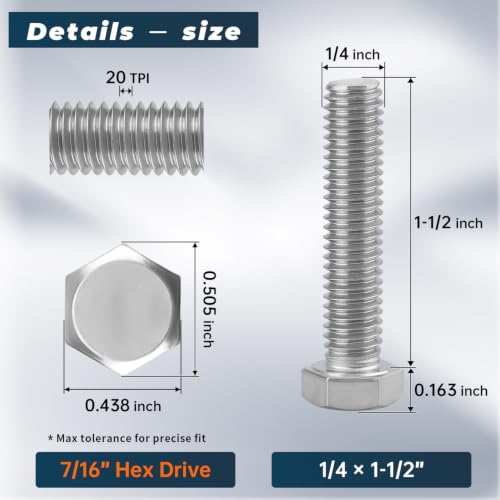 Image of 10 Sets Glvaner 1 /4-20 x 1-1 /2 inch Stainless Steel Hex Head Screws Bolts, Nuts, Flat & Lock Washers, 18-8 (304) Stainless Steel, Full Thread, Coarse Thread