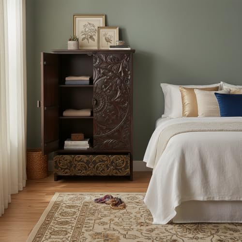 Image of APRODZ Wooden Wardrobe for Bedroom | Scolpito 2 Door Mango Wood Wardrobe with 1 Drawer | Space Saving Wardrobe for Storage, Clothes Cupboard & Wooden Almirah for Bedroom,(Mahogany + Green Brown Finish