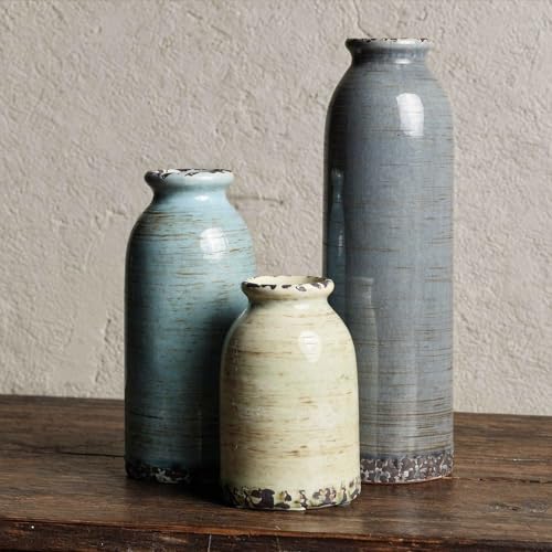 CheeryStow Morandi Ceramic Vase Set of 3 – Handmade Pottery Vases, Glazed Vintage Decor for Living Room, Table Centerpiece & Modern Rustic Home Styling