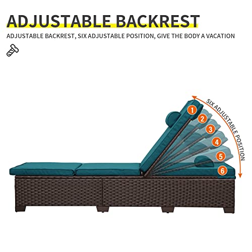 Outdoor Pe Wicker Chaise Lounge Set, Patio Lounge Chairs, Outside Poolside Lounger Furniture Set Of 3, Brown Rattan Recliners With Adjustable Backrest, Peacock Blue Cushions, And Storage Table #TOP5