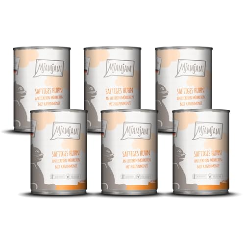 MjAMjAM - cibo umido premium per gatti - pollo succoso con deliziose carote, confezione da 6 (6 x 400 g), senza cereali con carne extra