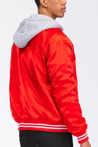 Mens Red and Gray Satin Hooded Varsity Jacket L/Red3