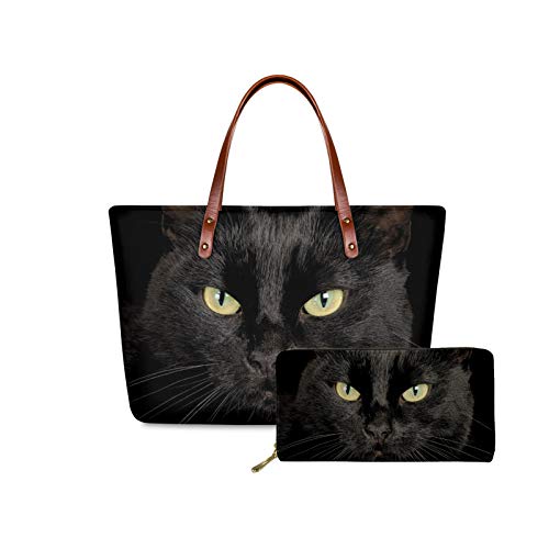 Jeocody Black Cat Tote Bag Girls School Handbag Shopping Shoulder Bags For Women Cat Wallet Travel Phone Card Holder Clutch Purse Party Favor 2Pcs #TOP8