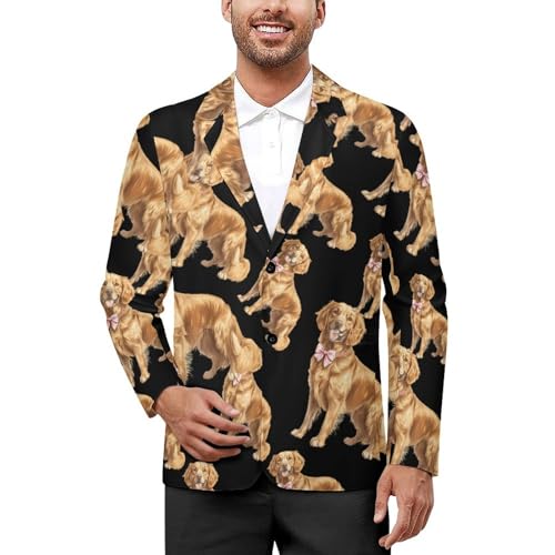 Retriever Dog with Bow Tie Men's Slim Suit Long-Sleeve Prom Tuxedo Classic Two Button Business Jacket