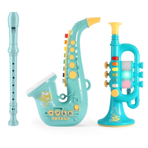 Lolossure Set of 3 Toy Saxophone Kids Trumpet and Recorder Flute,Musical Instruments Set for Children,Teaching Songs Gifts with Light & Sound for Kids Ages 3-5 5-9, for Kid