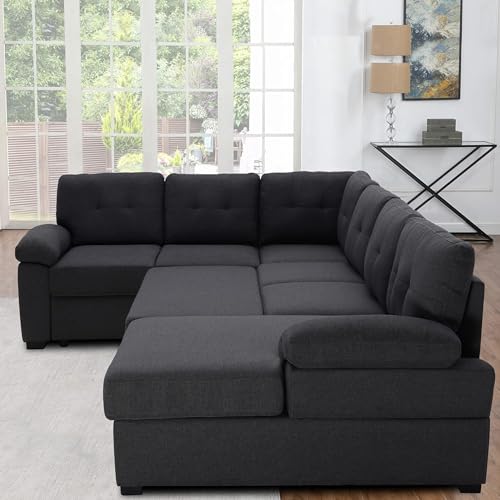 yoyomax Sectional Sofa-118\'\' Sofa Bed for 6-7 People Sitting, Pull Out Bed & Storage Space for Living Room, Apartment and Office, Dark Grey