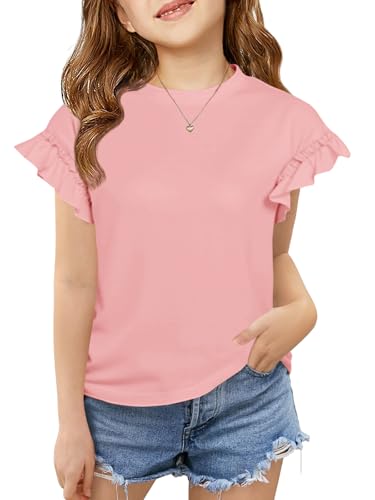 Image of Haloumoning Girls Ruffle Short Sleeve T Shirts Kids Summer Crewneck Tops Cute Tees Blouse 5-14 Years