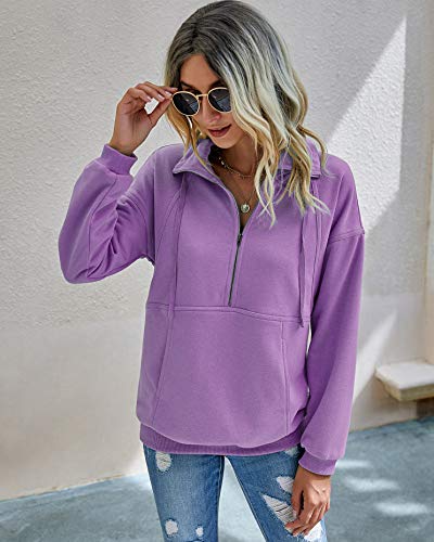 Image of PRETTYGARDEN Women's Casual Long Sleeve Zipper Sweatshirt Drawstring Loose Quarter Zip Pullover Tops with Pockets