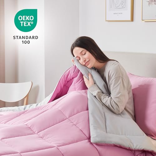Image of Nestl 2 Piece Quilted Down Alternative Comforter Twin Size With 1 Pillow Sham - All Season Pink /Light Grey Duvet Insert With Corner Tabs