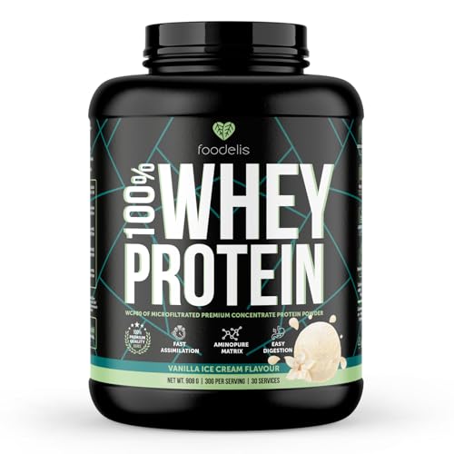 Foodelis 100% Whey Protein | Proteína de Suero Premium con Glutamina Natural y Perfil Completo de Aminoácidos | Máxima Absorción y Fácil Digestión | Sabor Vainilla | 908 g - 30 Dosis