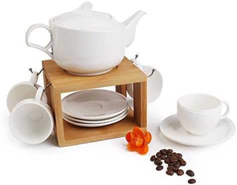Porcelain Tea Cup Set,Including 4 pcs Tea Cup and Saucer with 1 teapot Bamboo Display Stand,for Home Office Coffee Espresso Teaparty by Pukka Home (Service for 4 (3.5 oz))