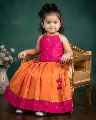Image of Girls Designer Lehenga Choli Set Orange Rani Pink Readymade Pattu Pavadai Style Traditional Ethnic Dress for Baby Girls Kids Festive Wedding 3Months-8 Years