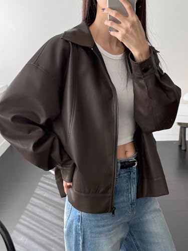 Chic Brown Faux Leather Motorcycle Jacket for Women – Perfect Casual Layering Piece (Medium) - Image 3