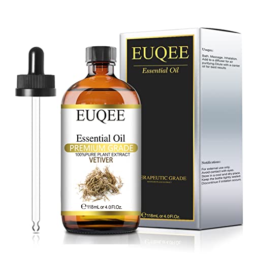 EUQEE Huile Essentielle Vétiver 118 ml, Huiles Essentielles 100 % Pures Naturelles, Huile Essentielle pour Diffuseur, Qualité Thérapeutique Parfaite pour L'aromathérapie, Bain, Massage