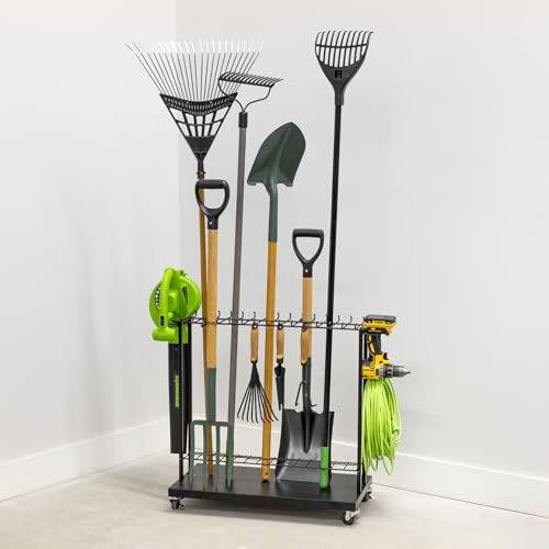 Shovel Shuttle Mobile Tool Storage, Garden Cart on Wheels, Freestanding Garden Organizer, Holds Rakes, Power Tools, Rolling Yard Tool Organizer
