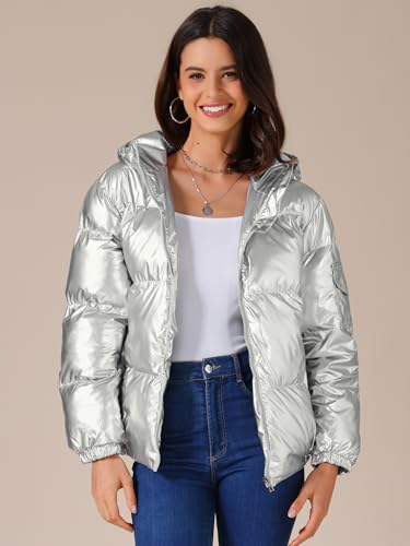Allegra K Women's Metallic Coats Winter Holographic Shiny Party Puffer Jacket with Hood2