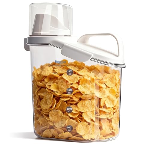 Besmall Cereal Containers Storage with Pour Spout Food Storage Container with Airtight Lid for Rice Flour Sugar Dog Cat Dry Food, Small Cereal Dispenser Kitchen Pantry Organizers Canister 1.8L