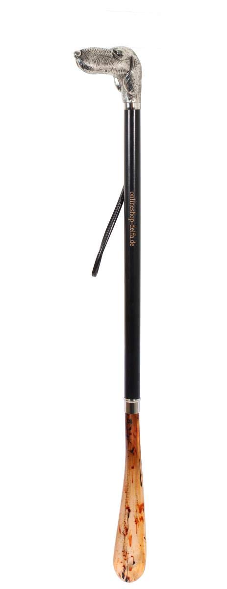 DELFA Design incisione/laser calzascarpe – 70 cm con cane argentato come manico – fusto in legno nero con passante – l'elegante aiuto per indossare
