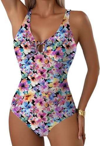 Aleumdr Tummy Control One Piece Bathing Suit for Women V Neck Tie Front Cutout Swimsuit High Cut Slimming Swimwear